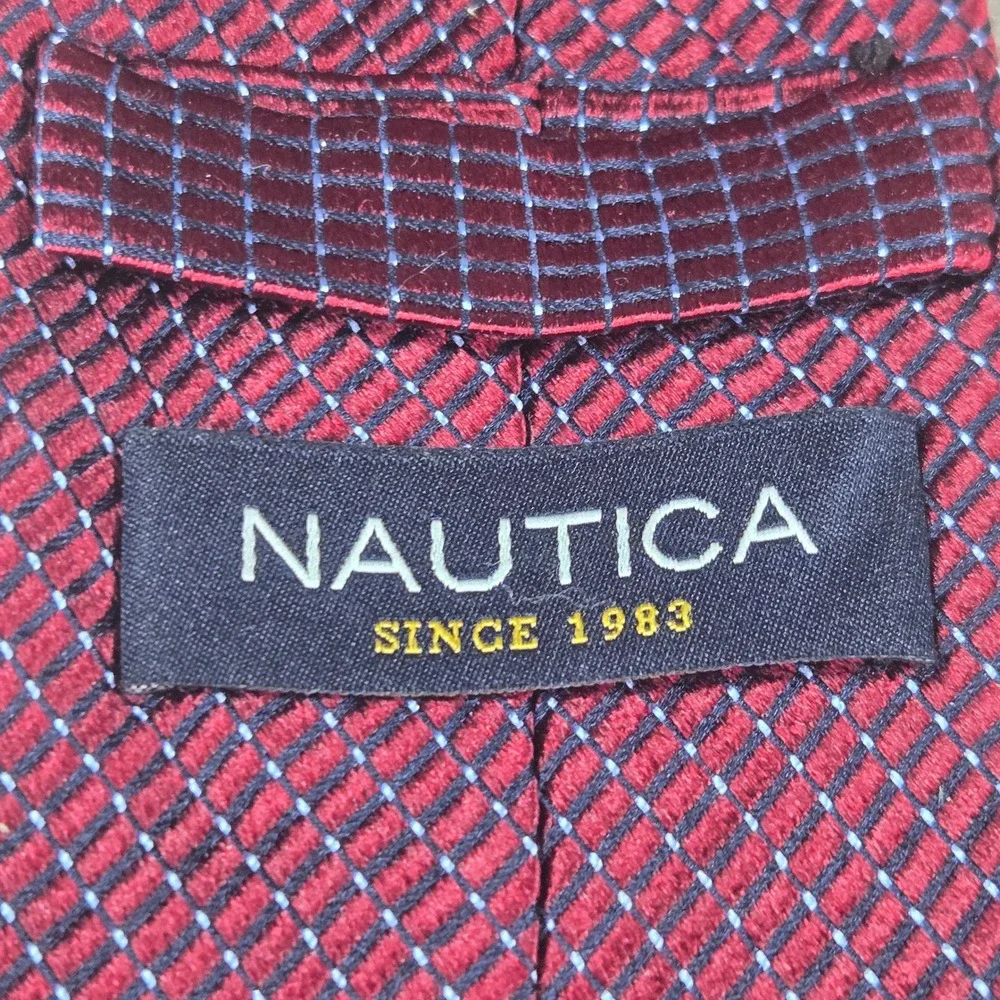 Nautica Mens Burgundy Red Blue Micro Check Silk Geometric Necktie